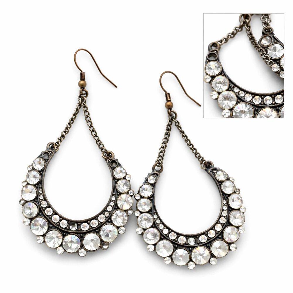 Rhinestone Statement Drop Earrings Antique Bronze Tone Boho Dangle
